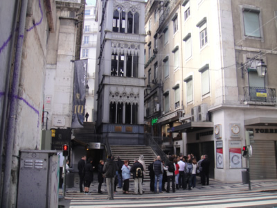 Tourists waiting for a ticket Santa Justa Lift Lisbon near Wok Restaurant